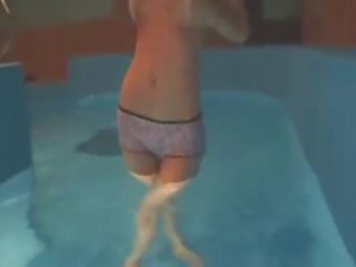 Thin young lady mastrubating in pool