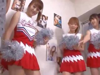 Three big tits japanese cheerleaders sharing shaft