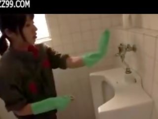Mosaic: sedusive cleaner gives geek blowjob in lavatory 01